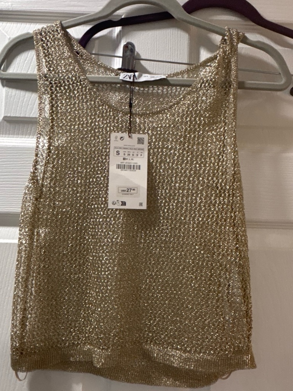 Zara Metallic Gold Open-Weave Tank Top